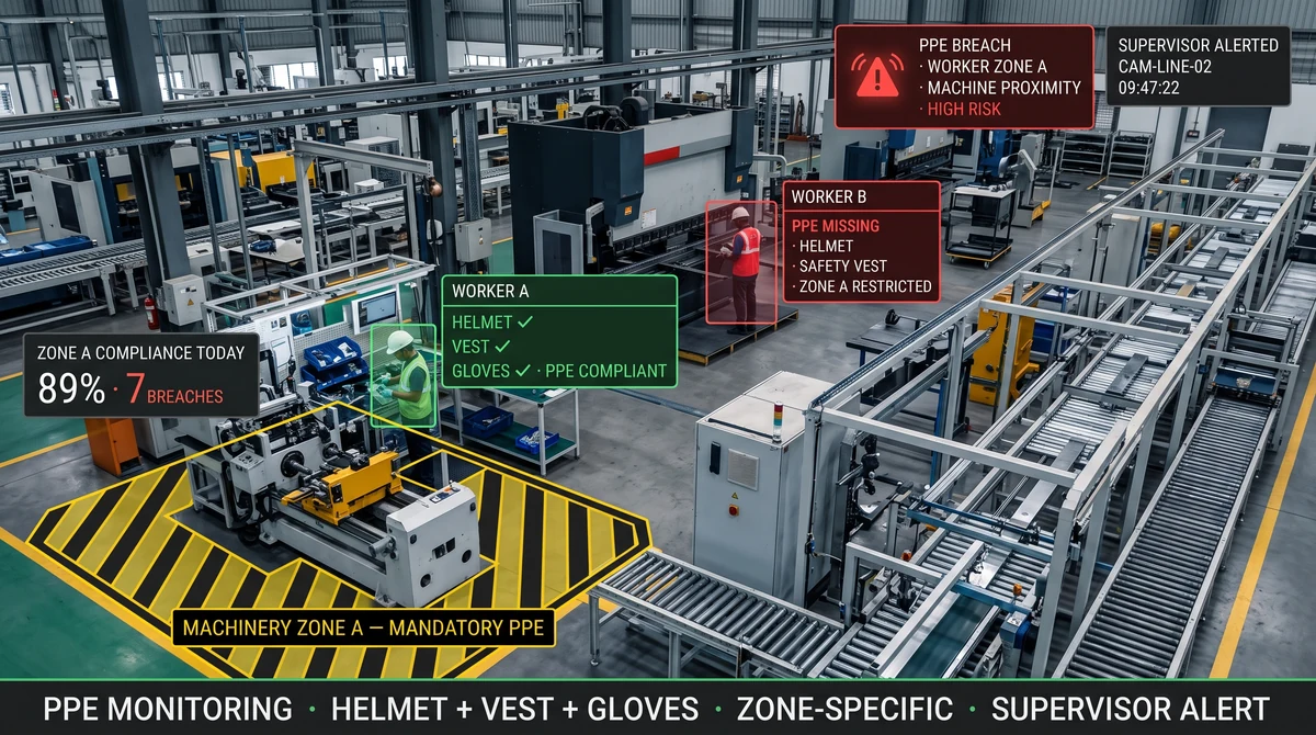 Manufacturing line-entry gate with Slinai PPE detection overlay flagging missing helmet on a worker, WhatsApp alert to safety officer, and shift compliance scorecard panel
