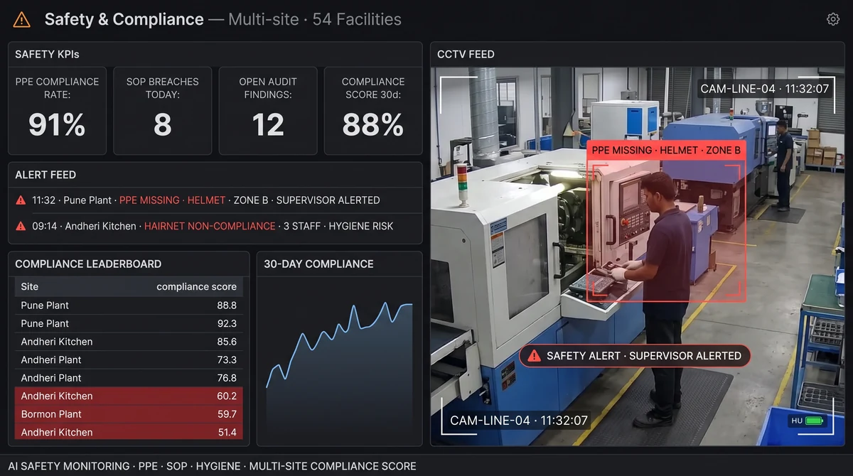 Slinai safety and compliance dashboard showing real-time PPE detection at a manufacturing line entry, kitchen hygiene scorecard, and multi-site compliance league table across plants and QSR kitchens