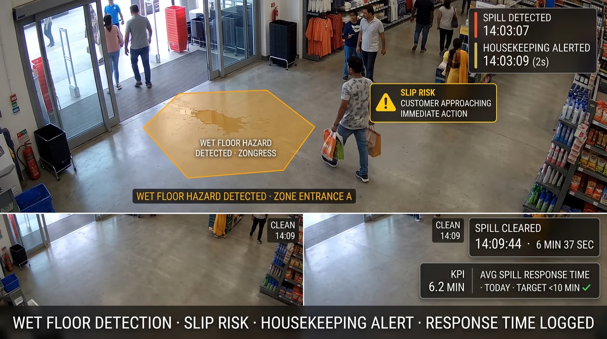 Hypermarket aisle with Slinai spill-hazard detection flagging a liquid spill, WhatsApp alert to floor supervisor with 2-minute SOP timer, and post-cleanup verification clip