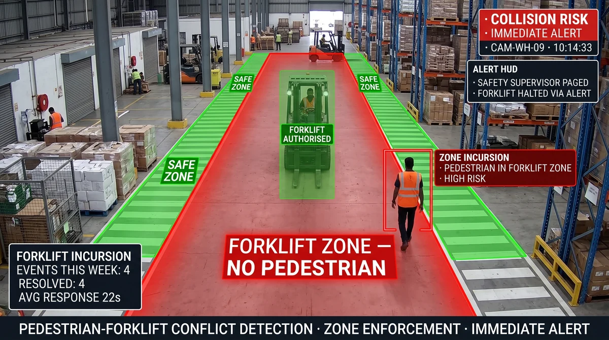 Warehouse loading dock with Slinai forklift-zone restriction overlay, PPE detection on dock workers, and safety compliance dashboard showing hi-vis vest rate by shift