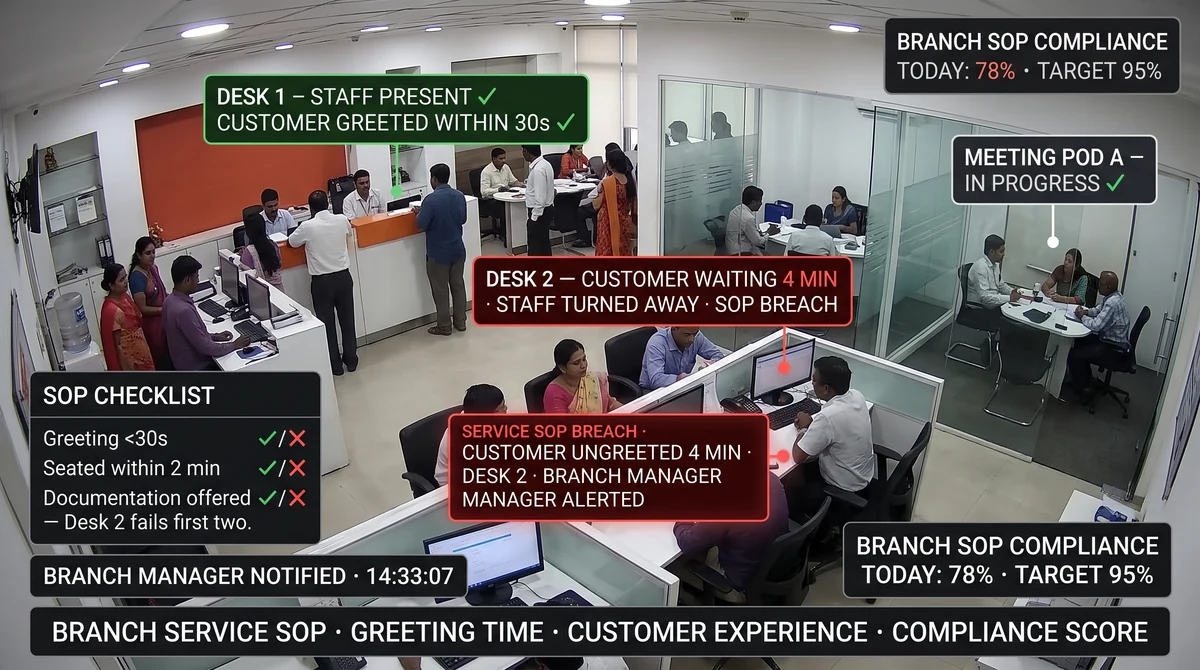 Bank branch teller counter with counter-wait SLA overlay, daily digest alert summary, and weekly compliance rank for the branch in the operations dashboard