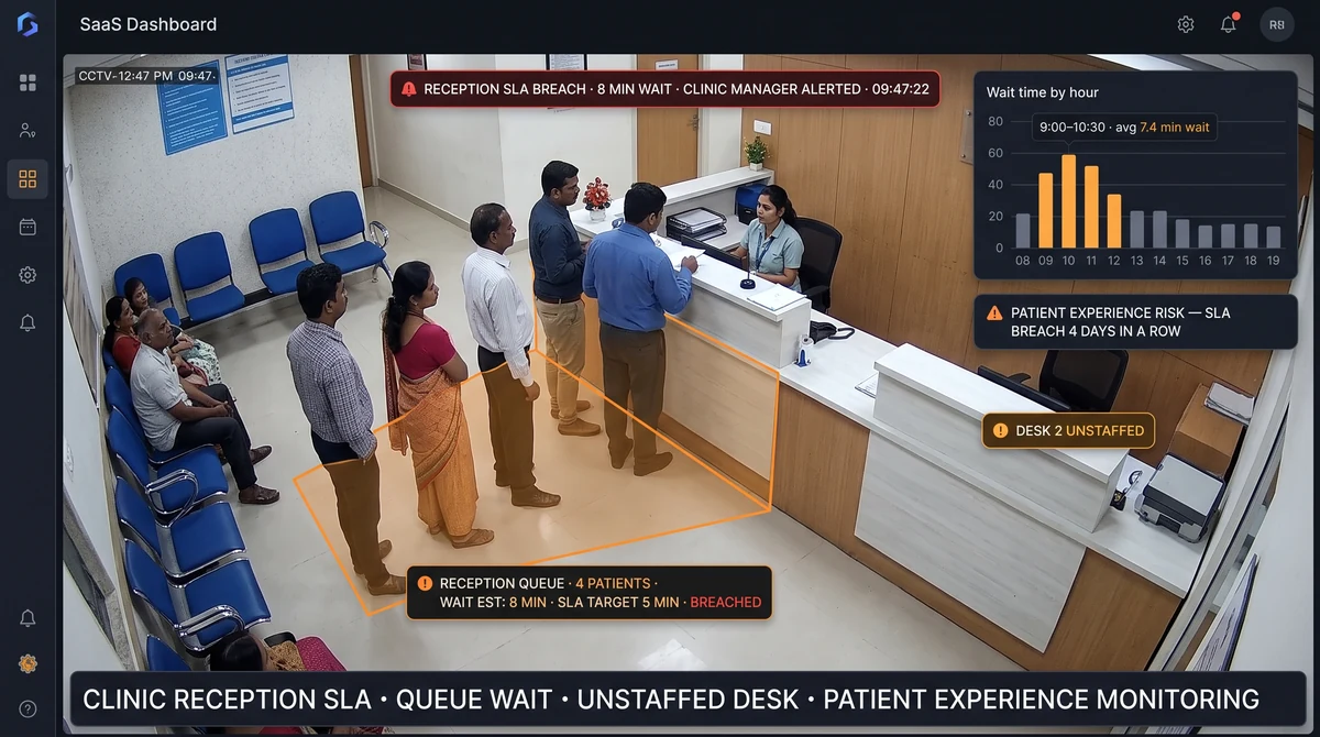 Diagnostic clinic reception with anonymous queue detection overlay, wait-time histogram for the last shift, and front-desk-to-consultation handoff timer