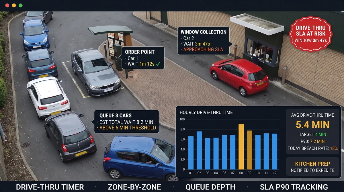 Pharmacy drive-thru window with vehicle detection zone, rolling average cycle-time panel, and per-location cycle comparison across the chain
