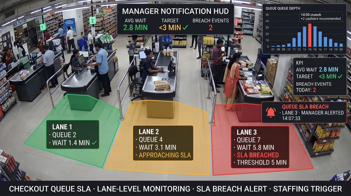 Supermarket billing lane with queue detection overlay, wait-time estimate badge, and floor supervisor receiving a Slinai SLA breach alert on WhatsApp