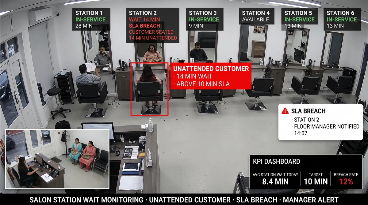 Salon service station with occupancy detection zone highlighting a four-minute unattended gap and stylist-arrival event logged on the operations timeline