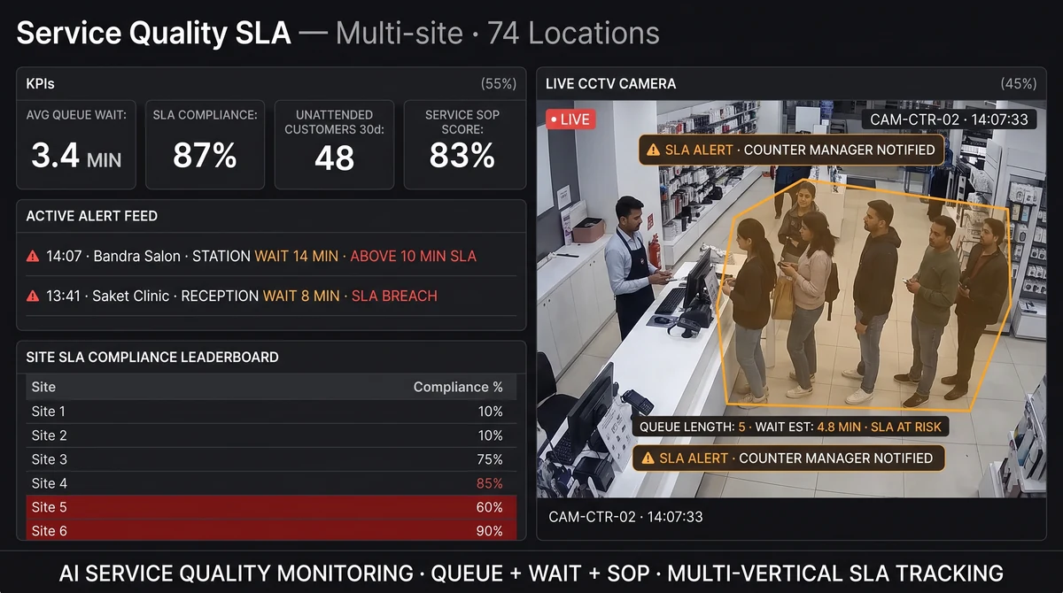 Multi-format service SLA dashboard showing queue wait timer, station occupancy heatmap, and drive-thru cycle times across a retail and consumer-services branch network