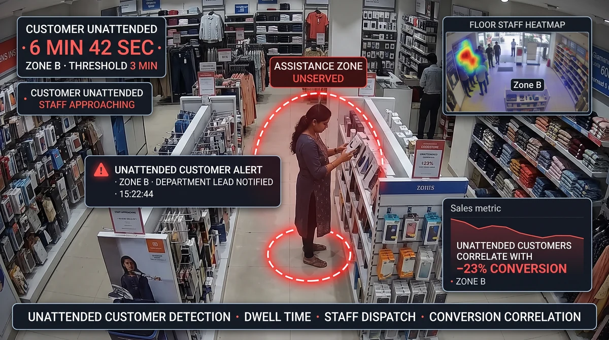 Gym front desk with unattended-customer two-minute timer, zone detection overlay, and location manager receiving a WhatsApp breach alert